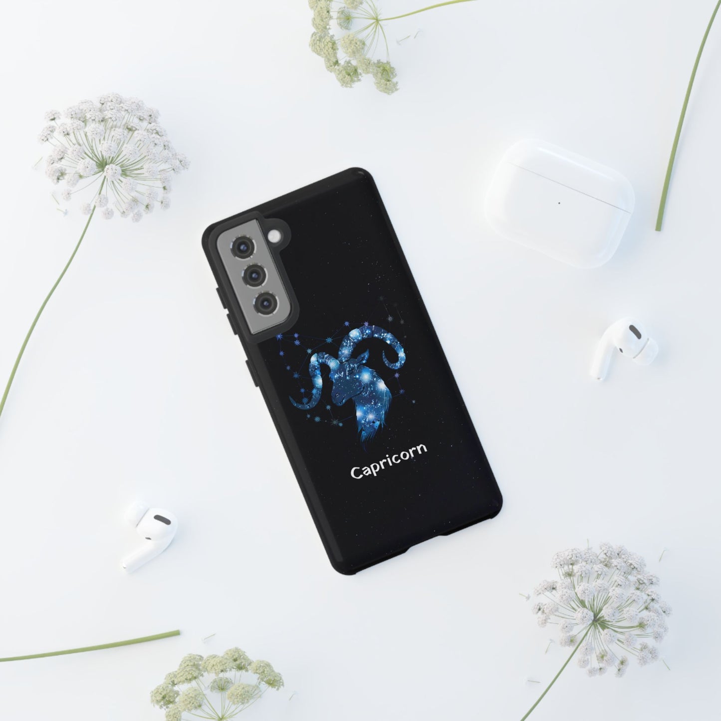 Capricorn Zodiac Star Sign Black Glossy Phone Case Tough Protection for iPhone or Samsung Galaxy