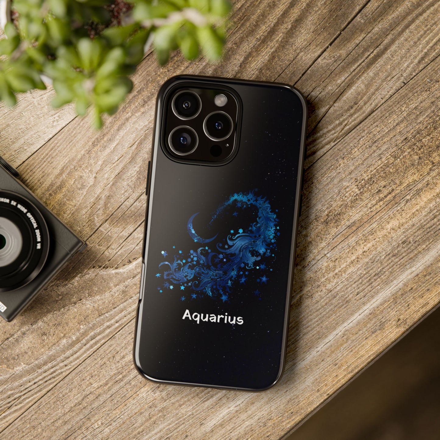 Aquarius Zodiac Star Sign Black Glossy Phone Case Tough Protection for iPhone or Samsung Galaxy