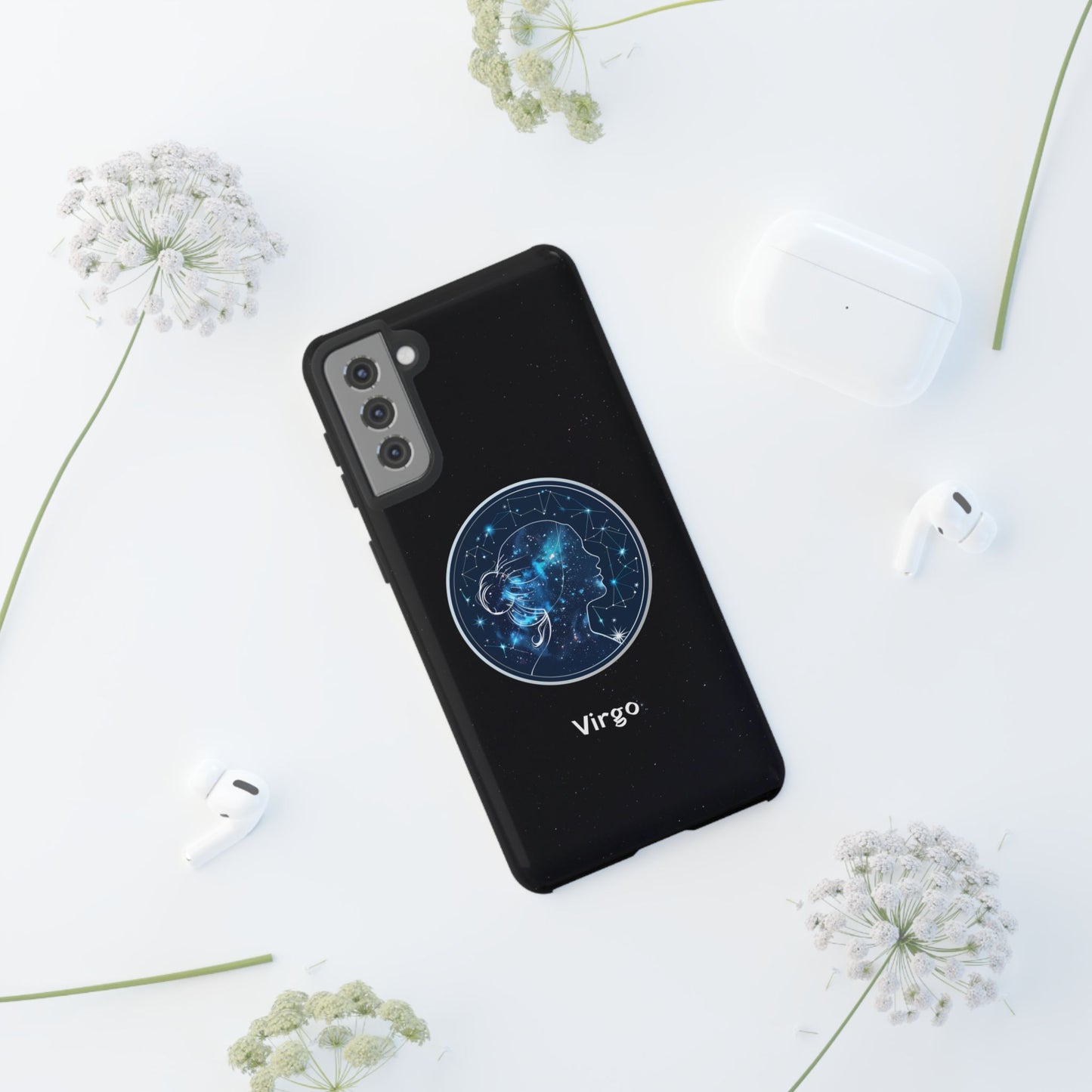 Virgo Zodiac Star Sign Black Glossy Phone Case Tough Protection for iPhone or Samsung Galaxy