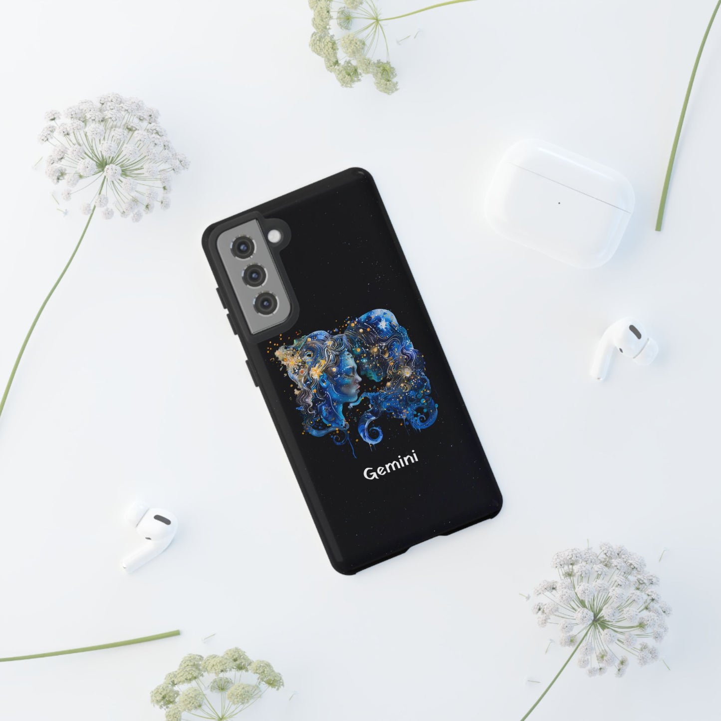 Gemini Zodiac Star Sign Black Glossy Phone Case Tough Protection for iPhone or Samsung Galaxy