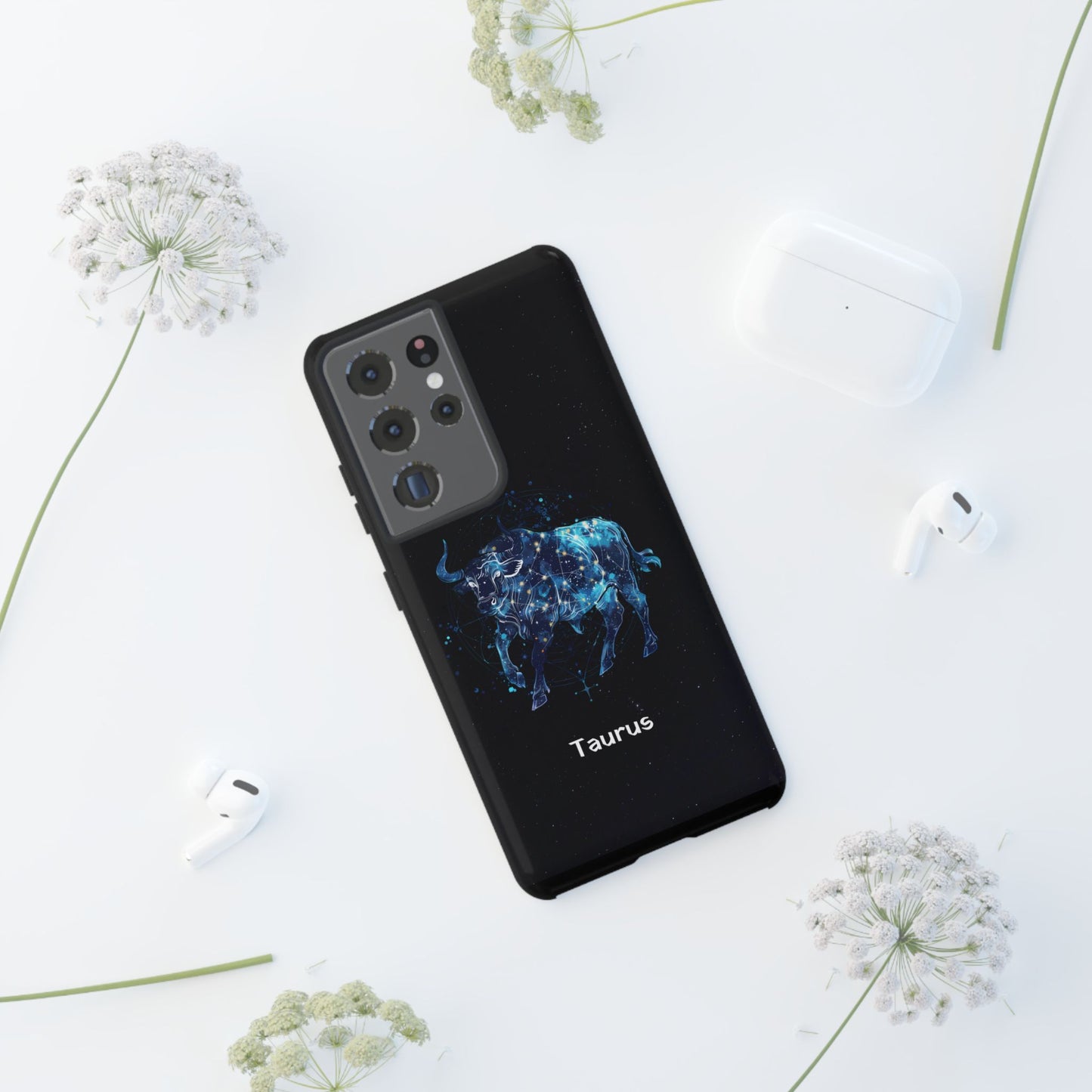 Taurus Zodiac Star Sign Black Glossy Phone Case Tough Protection for iPhone or Samsung Galaxy