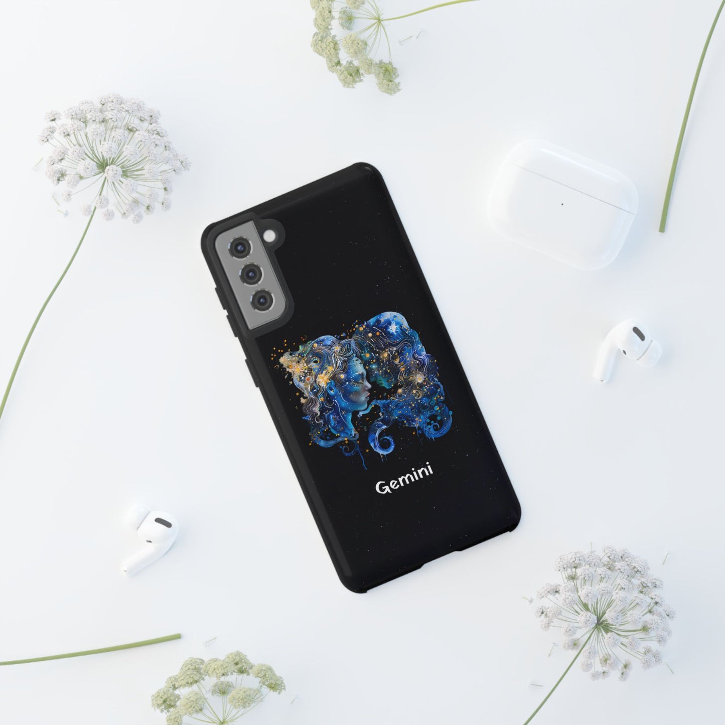 Gemini Zodiac Star Sign Black Glossy Phone Case Tough Protection for iPhone or Samsung Galaxy