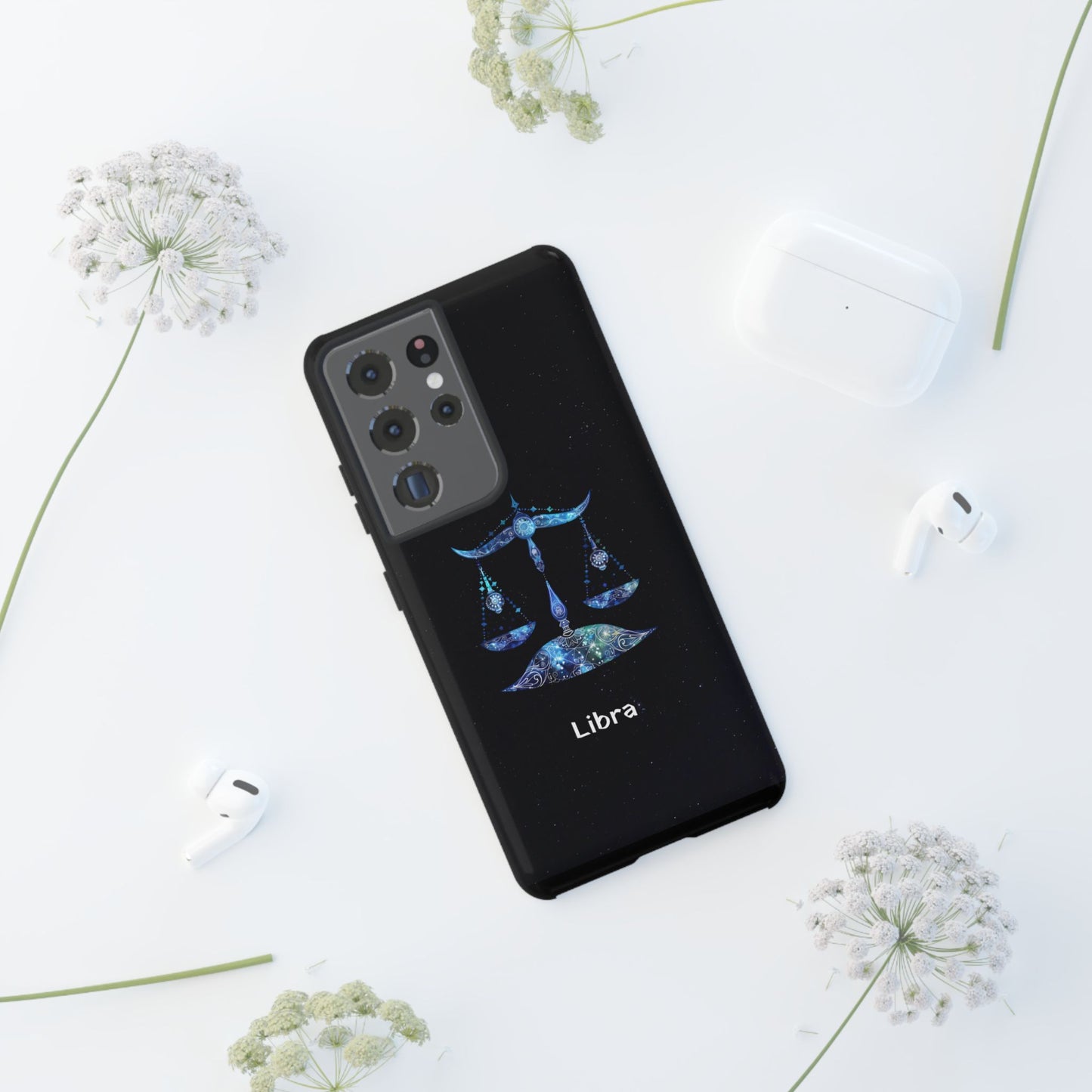 Libra Zodiac Star Sign Black Glossy Phone Case Tough Protection for iPhone or Samsung Galaxy