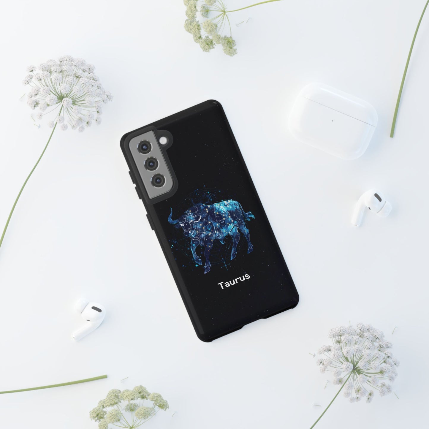 Taurus Zodiac Star Sign Black Glossy Phone Case Tough Protection for iPhone or Samsung Galaxy