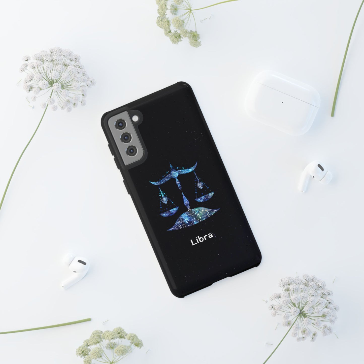 Libra Zodiac Star Sign Black Glossy Phone Case Tough Protection for iPhone or Samsung Galaxy