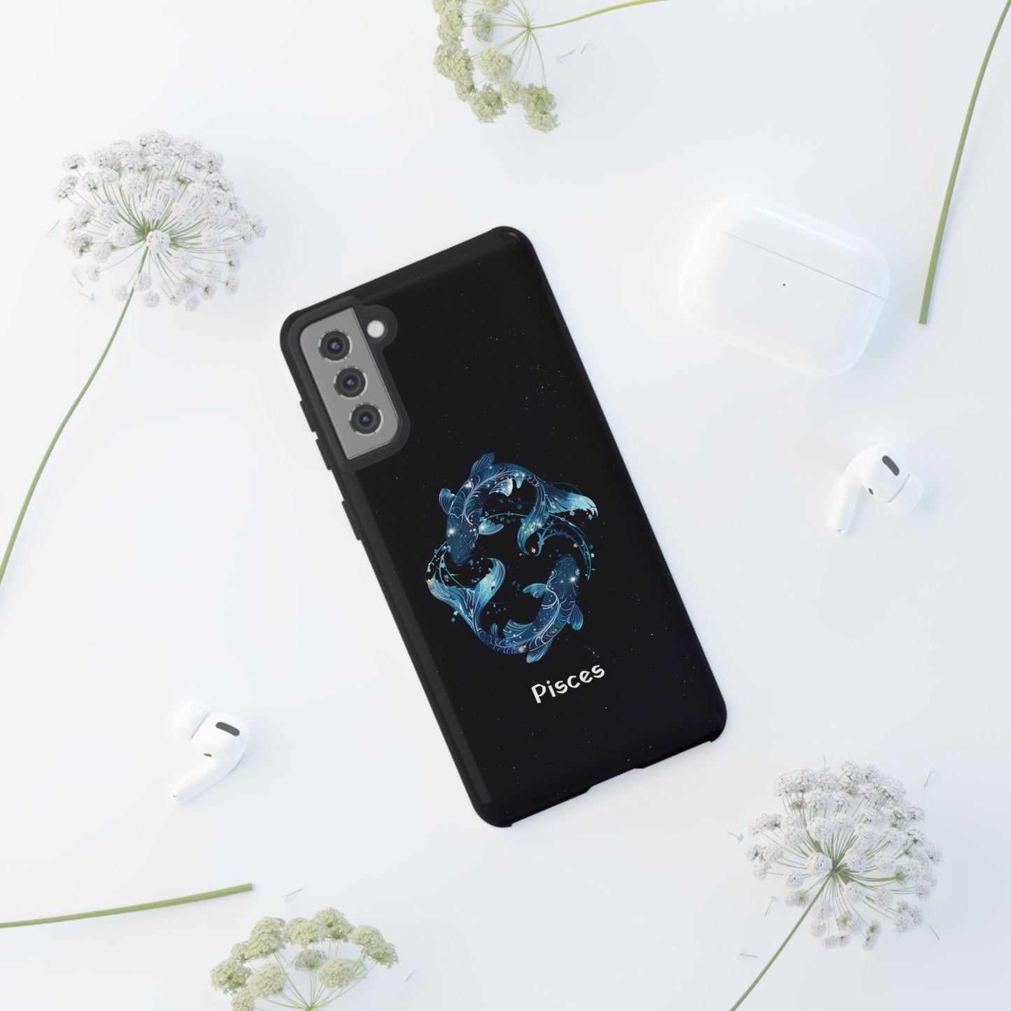 Pisces Zodiac Star Sign Black Glossy Phone Case Tough Protection for iPhone or Samsung Galaxy