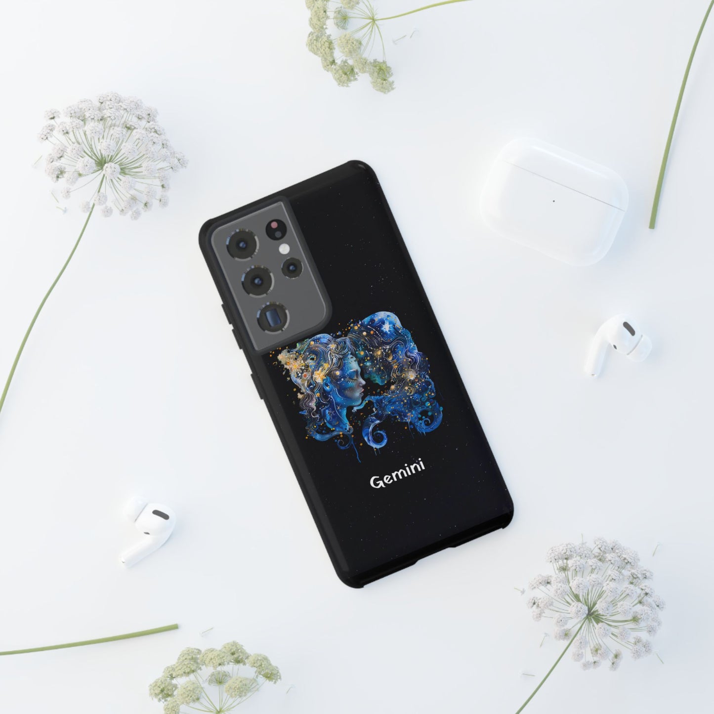 Gemini Zodiac Star Sign Black Glossy Phone Case Tough Protection for iPhone or Samsung Galaxy