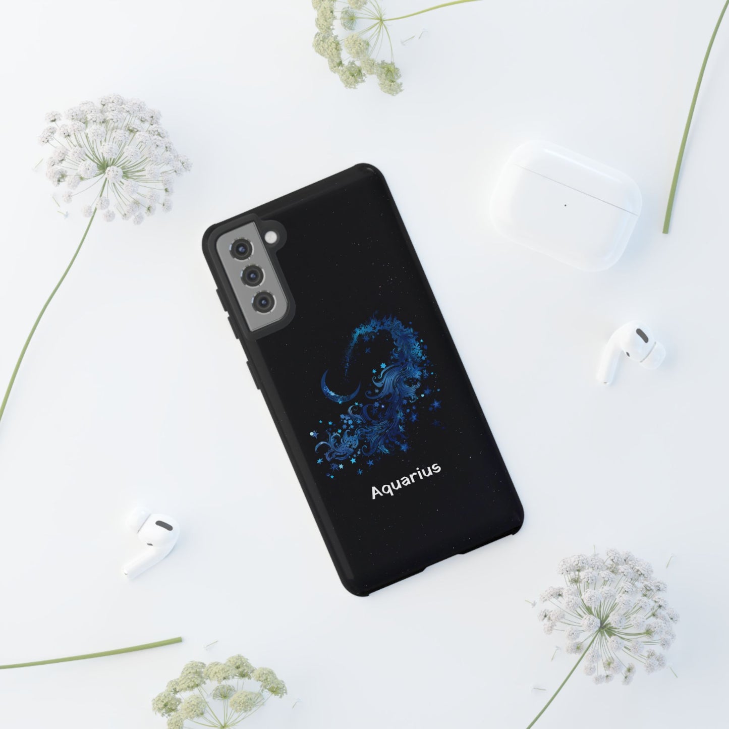 Aquarius Zodiac Star Sign Black Glossy Phone Case Tough Protection for iPhone or Samsung Galaxy