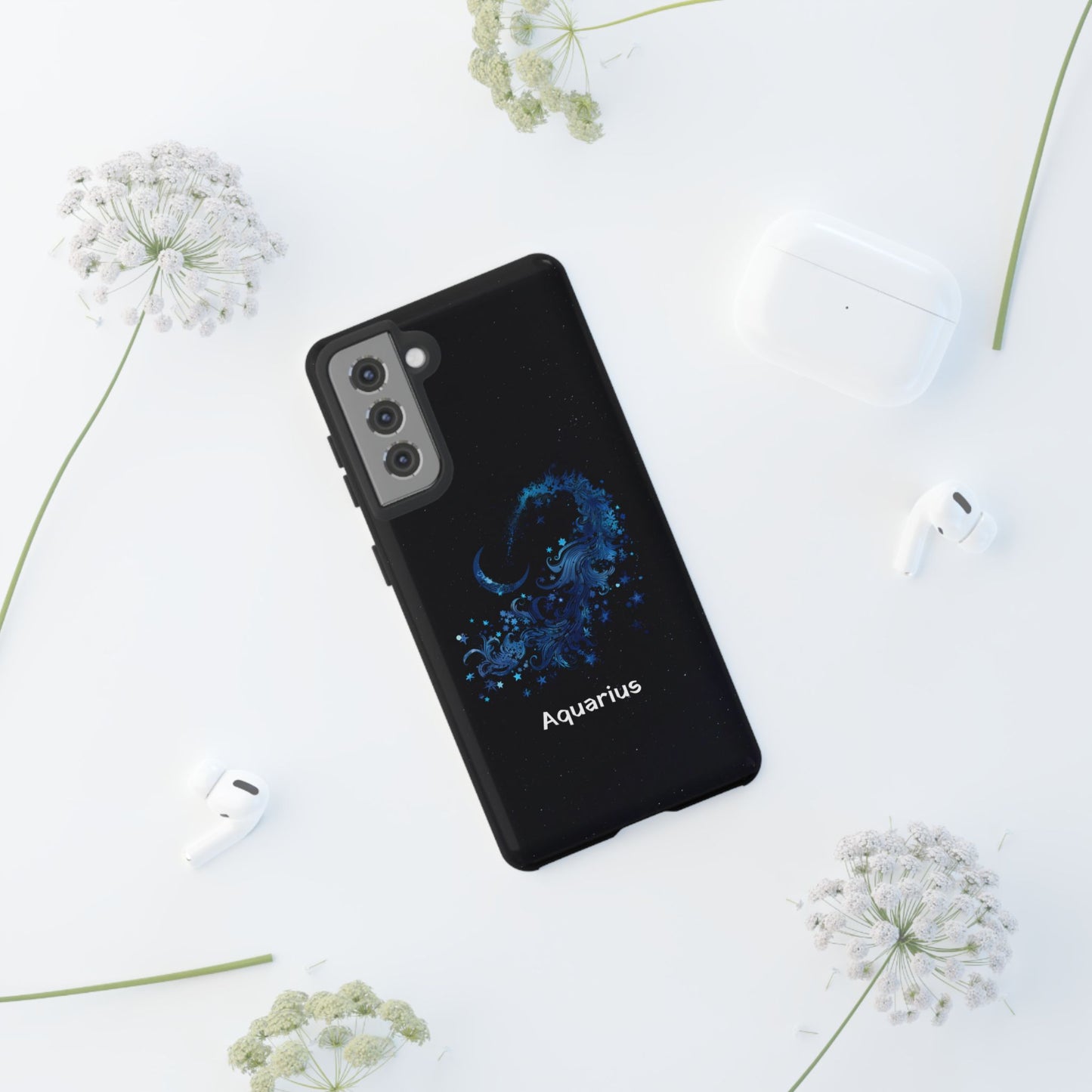 Aquarius Zodiac Star Sign Black Glossy Phone Case Tough Protection for iPhone or Samsung Galaxy