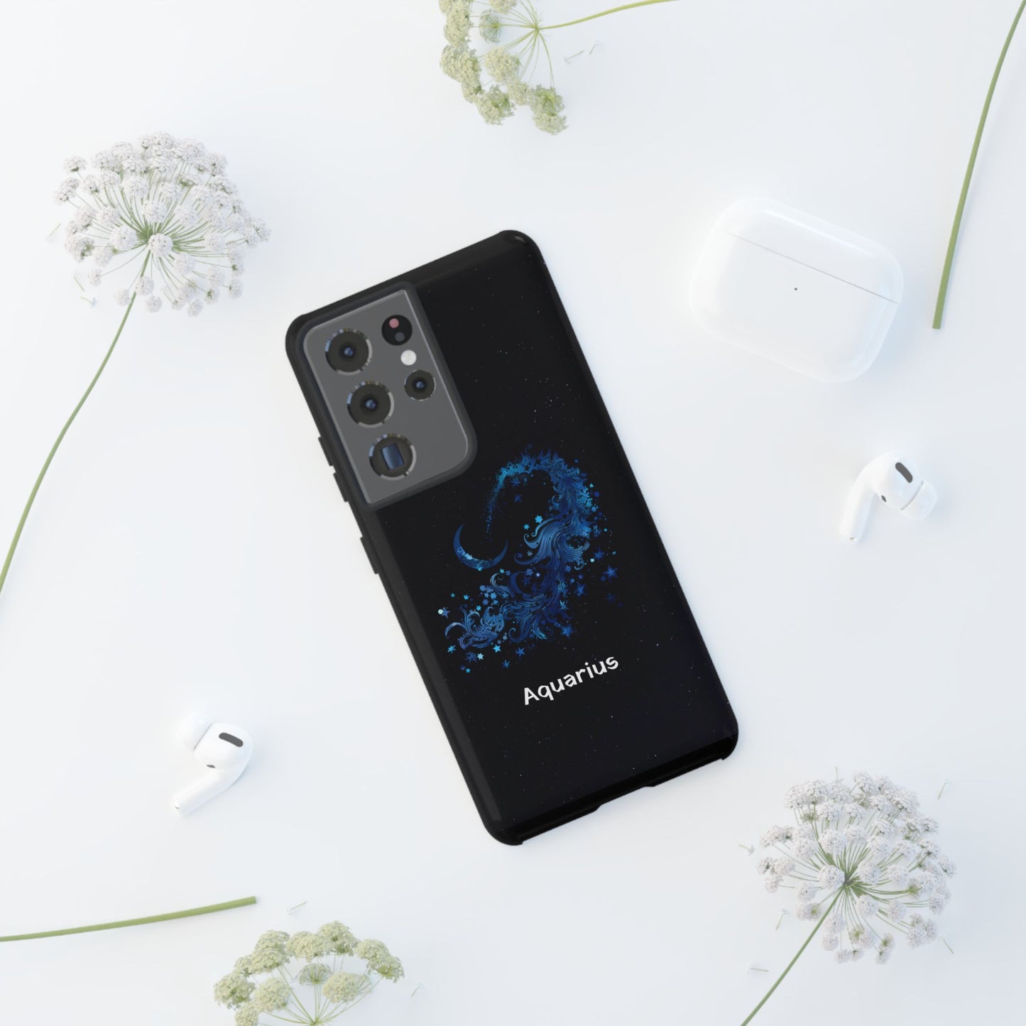 Aquarius Zodiac Star Sign Black Glossy Phone Case Tough Protection for iPhone or Samsung Galaxy