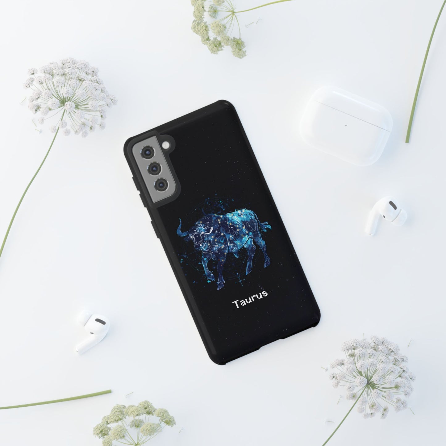 Taurus Zodiac Star Sign Black Glossy Phone Case Tough Protection for iPhone or Samsung Galaxy