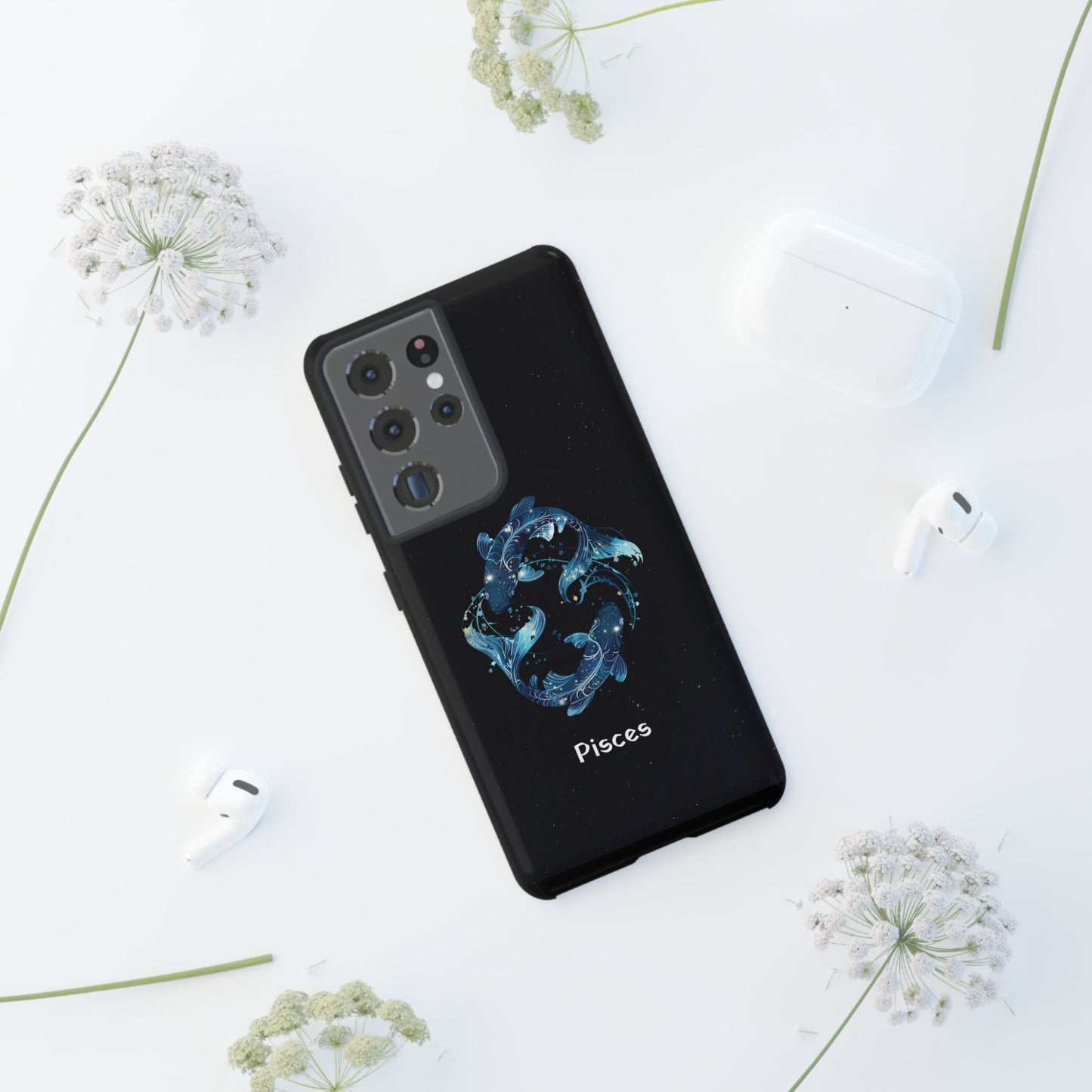 Pisces Zodiac Star Sign Black Glossy Phone Case Tough Protection for iPhone or Samsung Galaxy