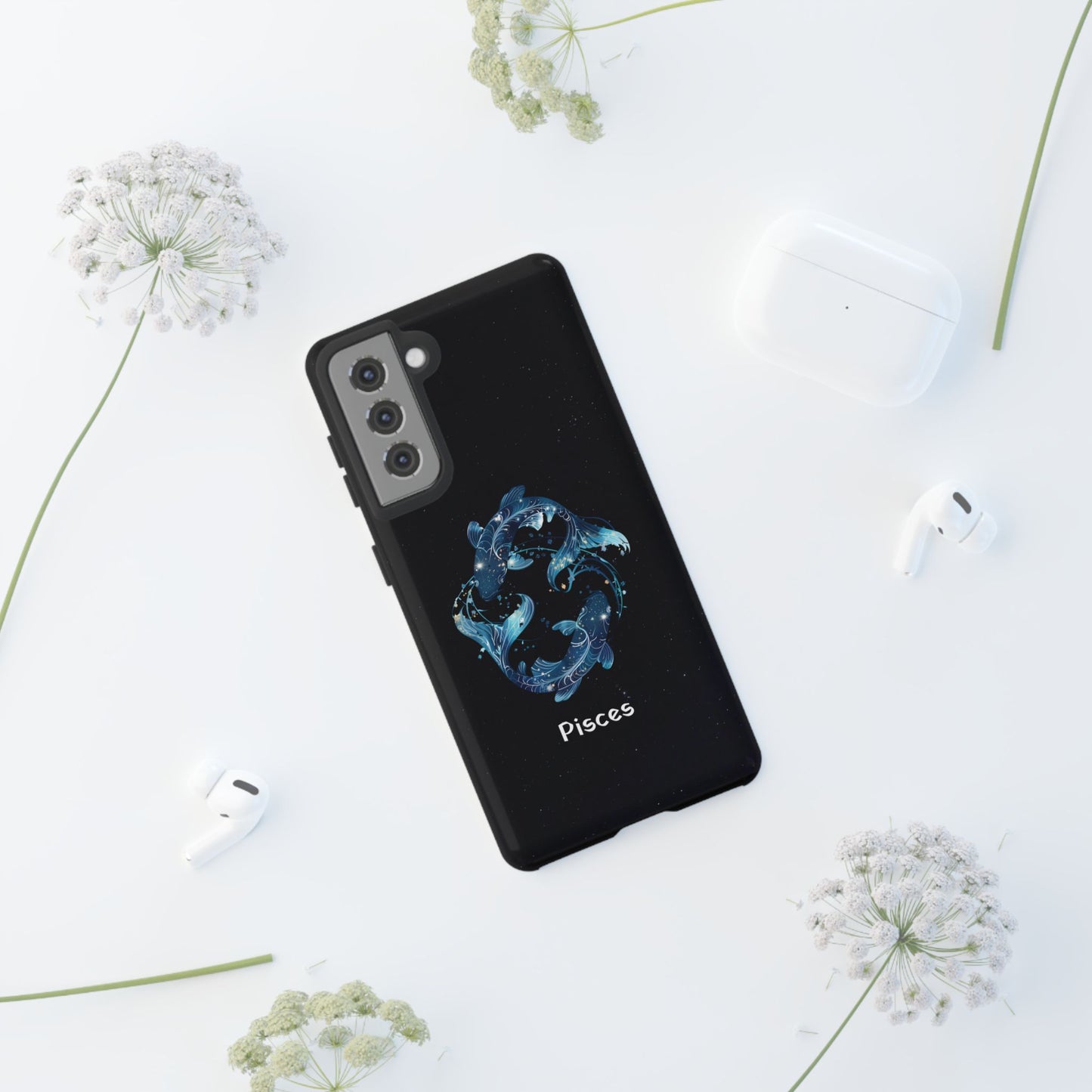 Pisces Zodiac Star Sign Black Glossy Phone Case Tough Protection for iPhone or Samsung Galaxy